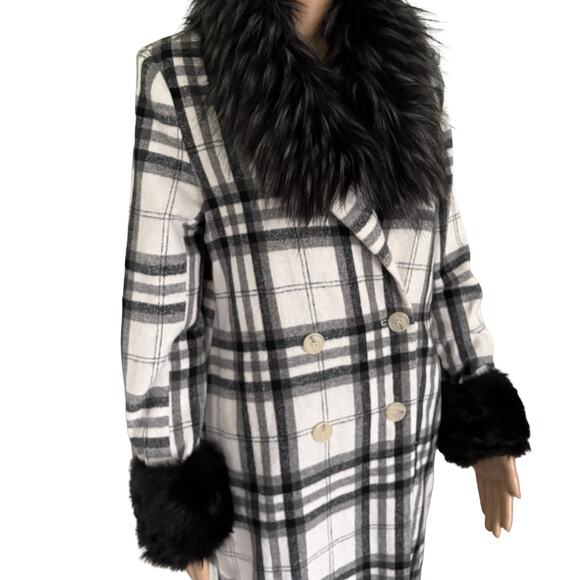 Upcycled Plaid Coat Faux Fur Collar Cuffs Horse Patch Midi Warm Winter Jacket M - Picture 5 of 8